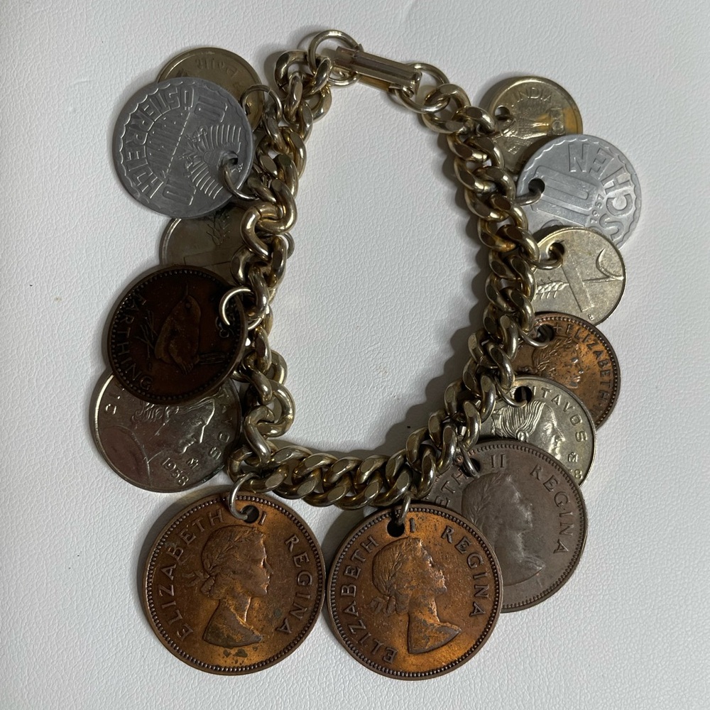 Vintage Foreign Coin Charm Bracelet Cha Cha